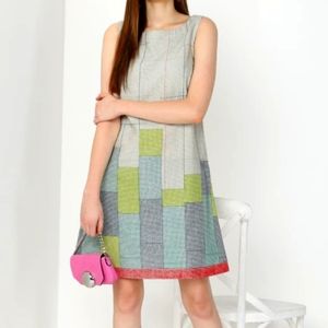 Patchwork Inspired Cotton Linen A-Line Dress with Round Neck, Sz M